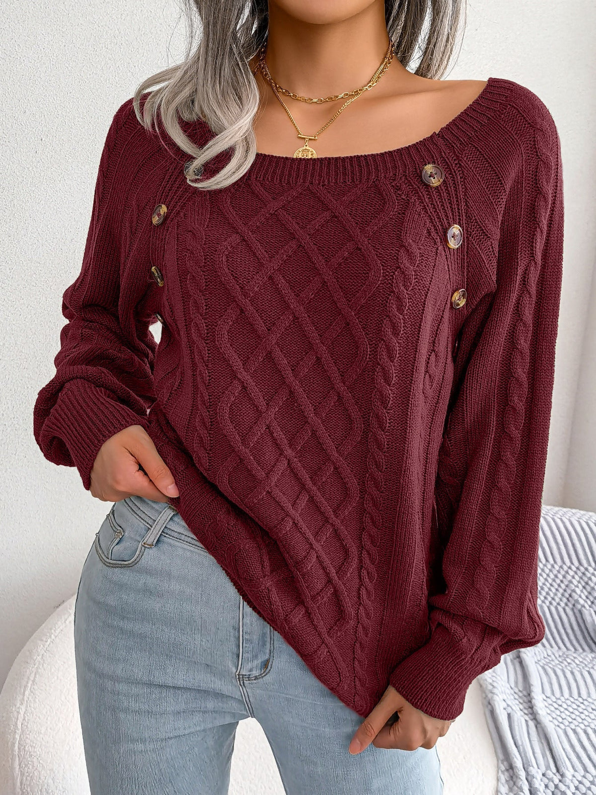 Women's Textured Knit Sweater, Round Neck, Long Sleeves
