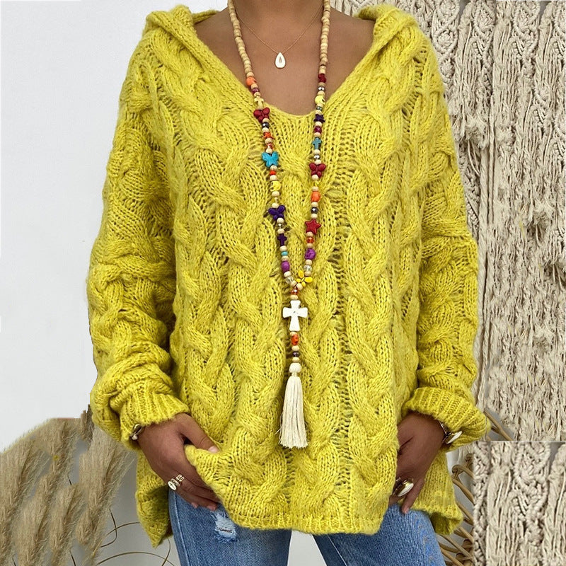 Women's Oversized Cable Knit Hooded Sweater V-Neck
