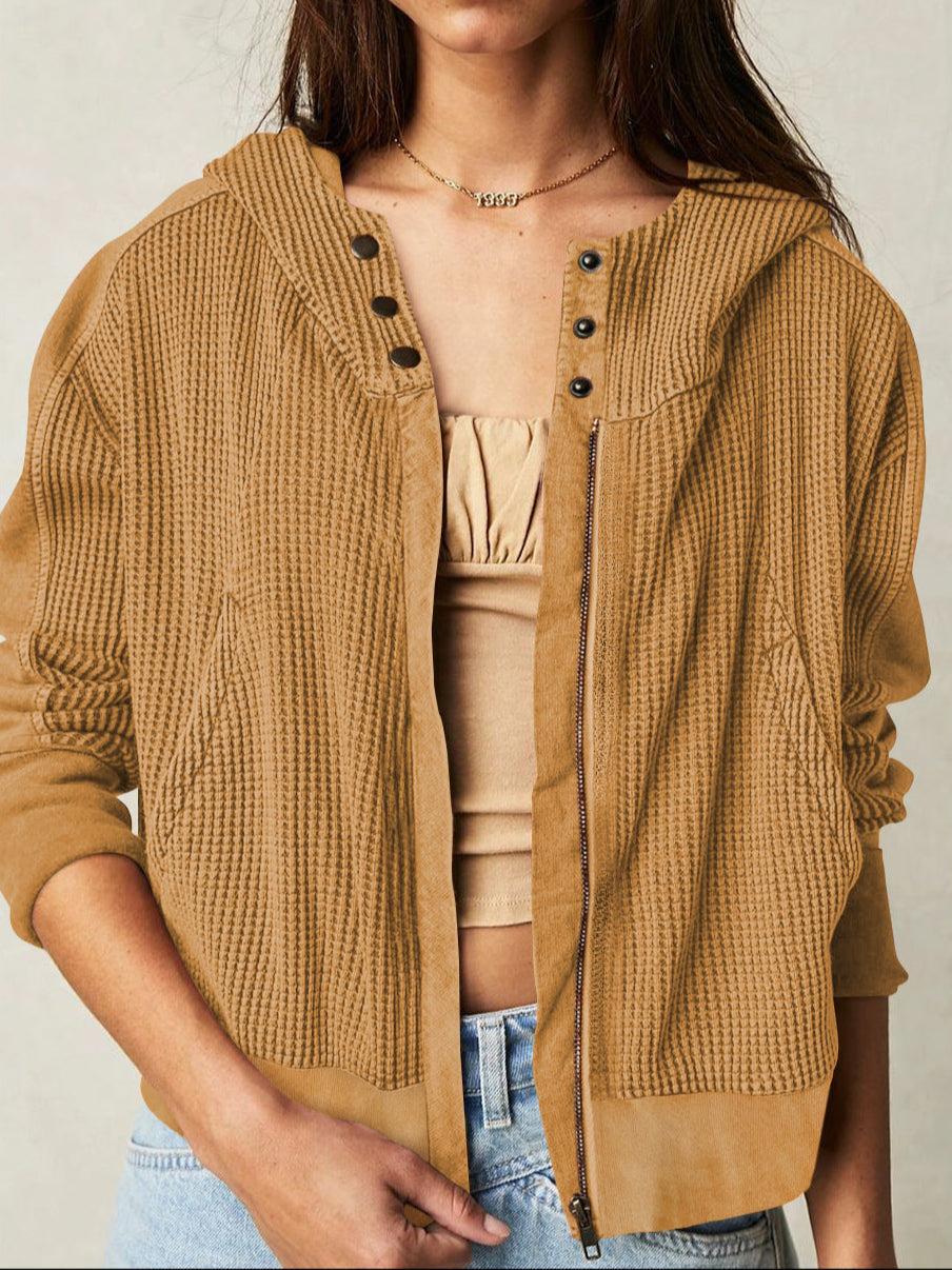 Christina | Womens Cropped Zip Hoodie in Waffle Cotton | Snug Hood, Textured Fabric | Pine, Blue and More S-XL