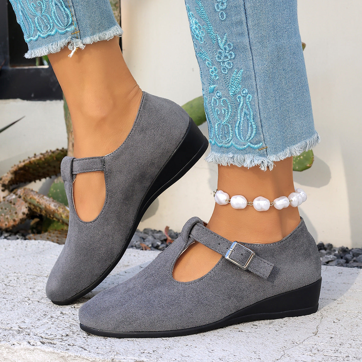 Cosette T-Strap Suede Wedge Mary Janes