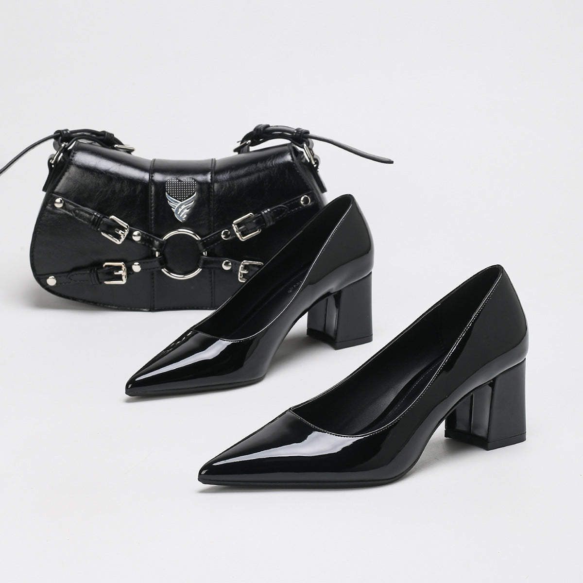 Heloise Patent Pointed Toe Block Heel Pumps