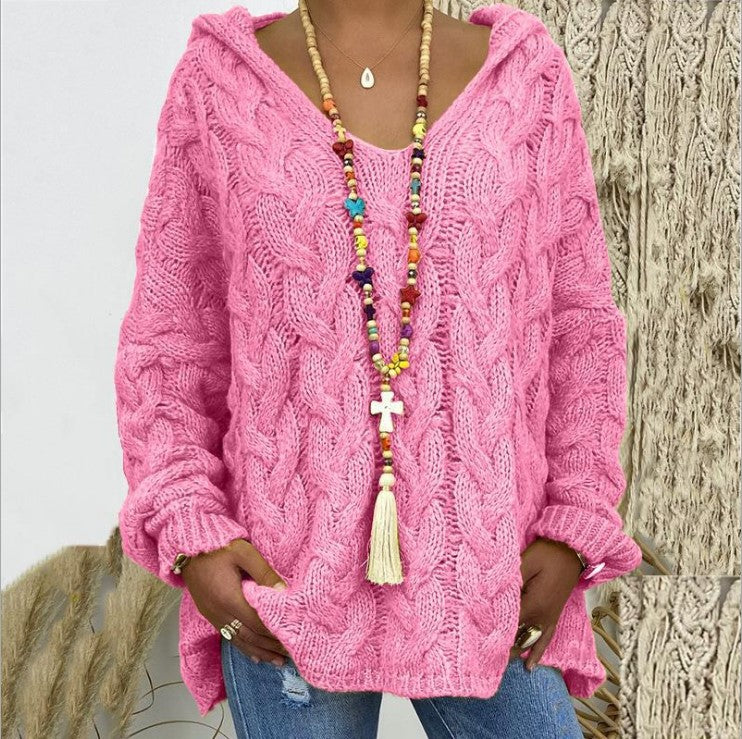 Women's Oversized Cable Knit Hooded Sweater V-Neck