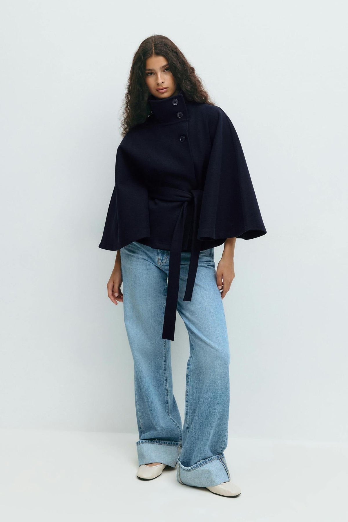 Anneke Button-Front Belted Cape Coat