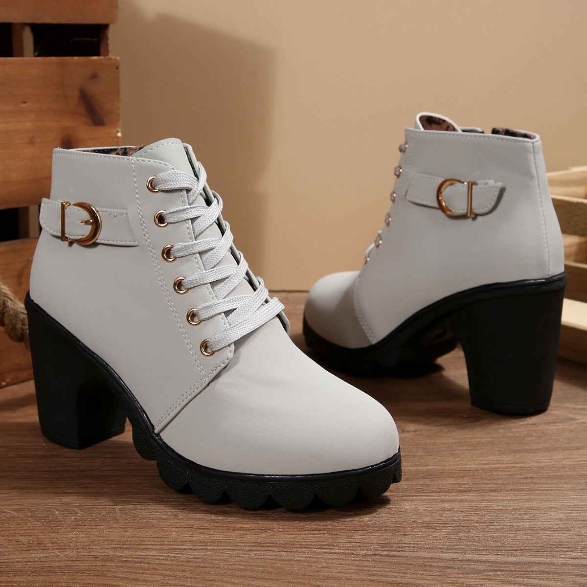 Women's Block Heel Ankle Boots with Gold Tone Eyelets | Buckle Tab, Side Zip, Deep Lug Outsole | Sizes 5.5-10, 6 Colors