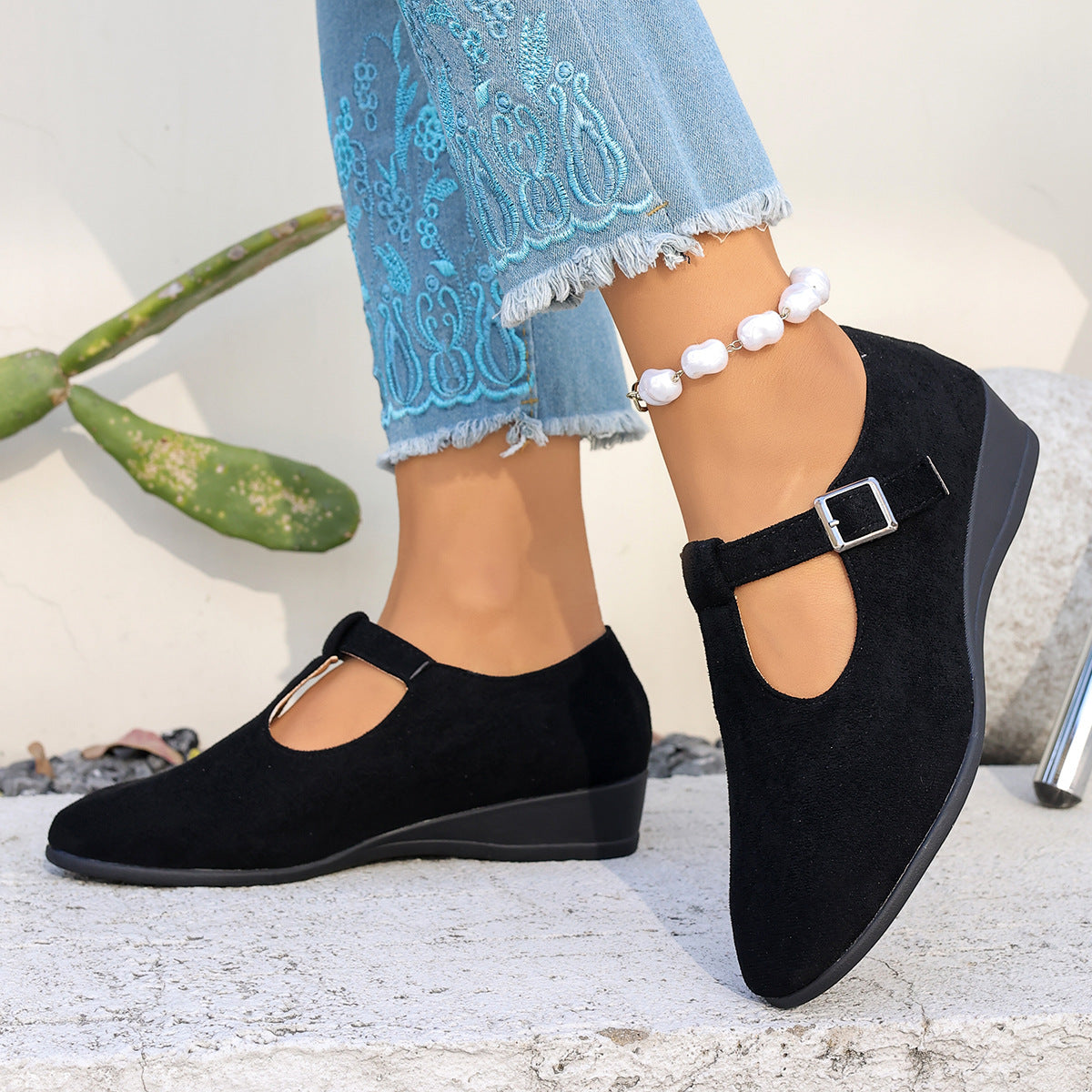 Cosette T-Strap Suede Wedge Mary Janes