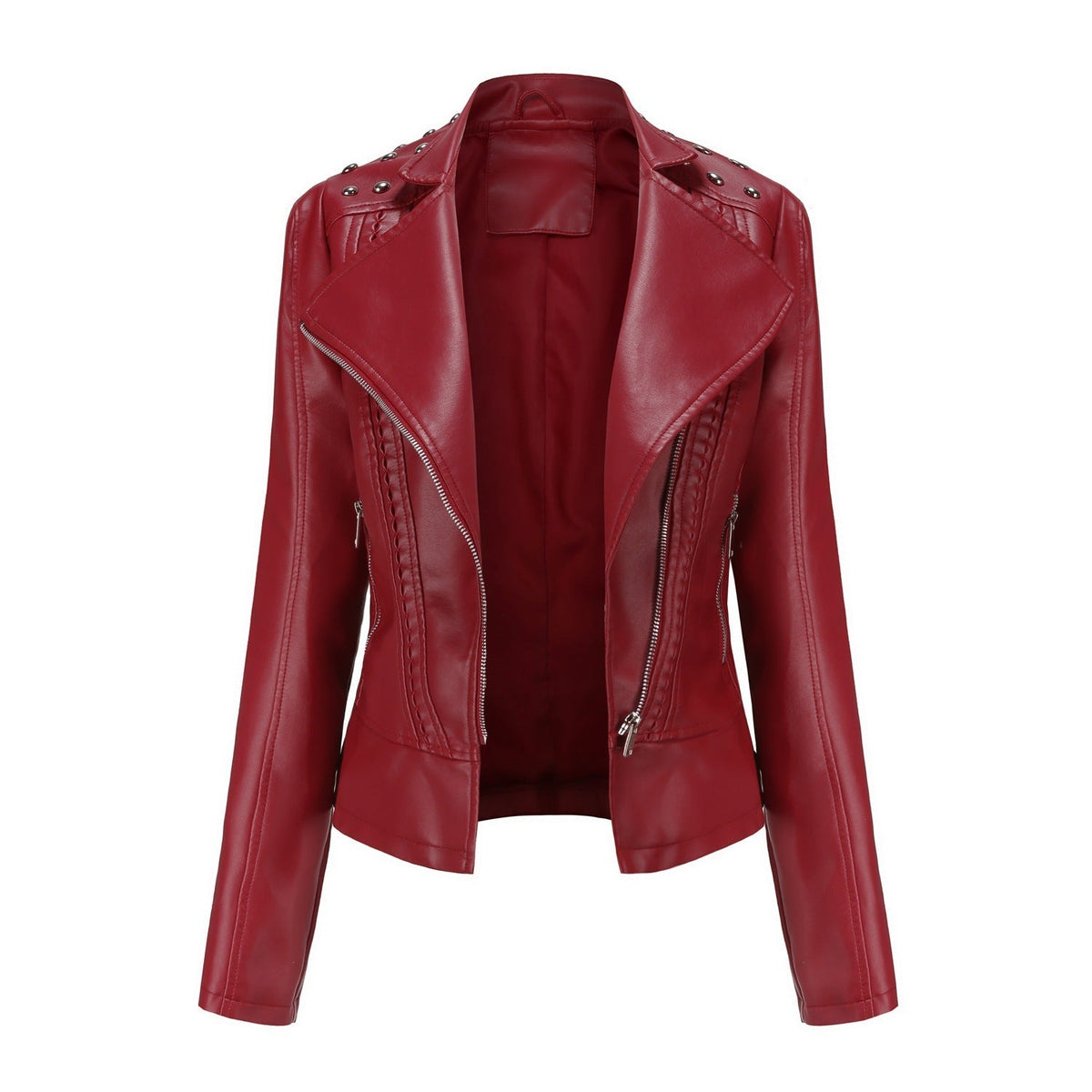 Women's Asymmetric Zip Moto Jacket with Stud Shoulder Detail