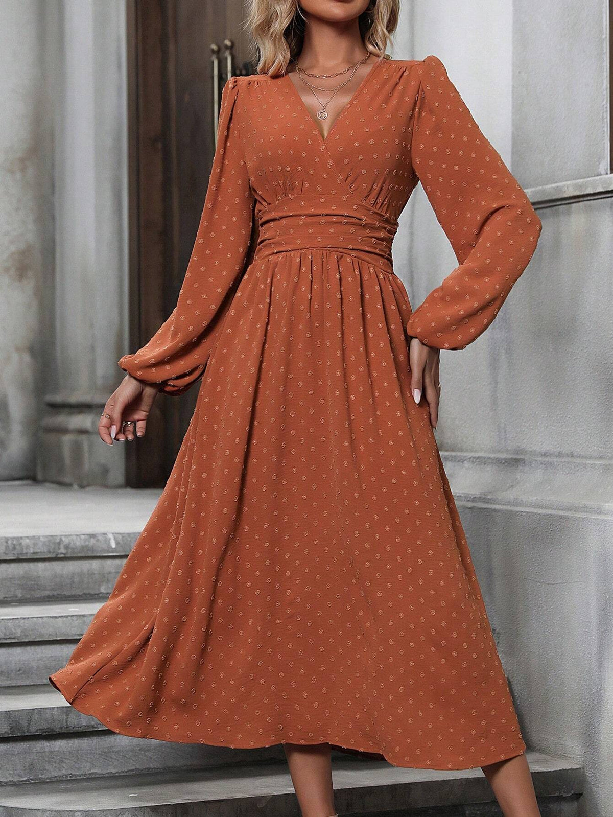 Fedora Swiss Dot Lantern Sleeve Midi Dress