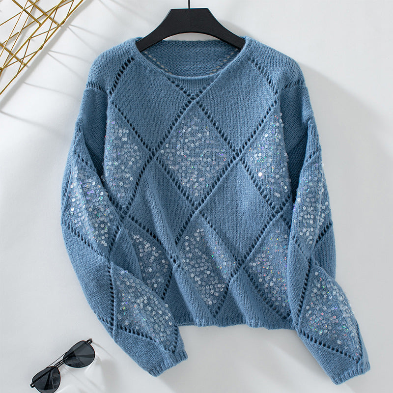 Women's Sequin Diamond Pattern Crew Neck Sweater