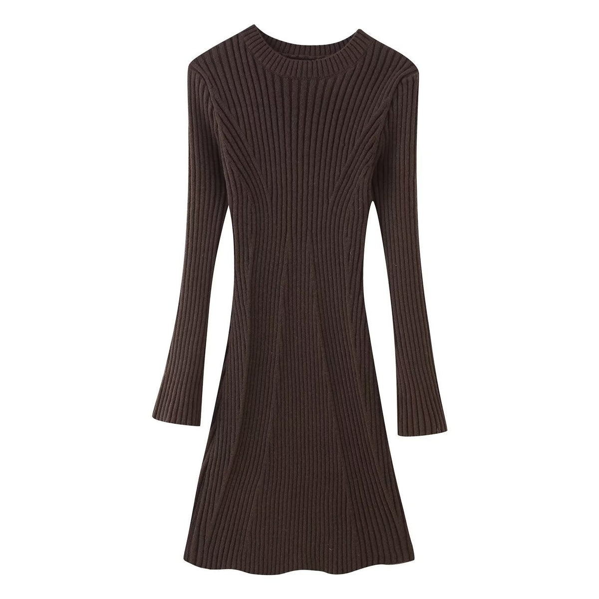 Women's Ribbed Knit Dress with Flared Cuffs | Round Neck, A Line Shape, Long Sleeves | Sizes S-L, 4 Colors