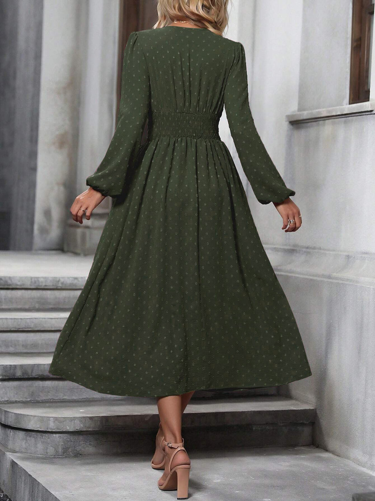 Fedora Swiss Dot Lantern Sleeve Midi Dress