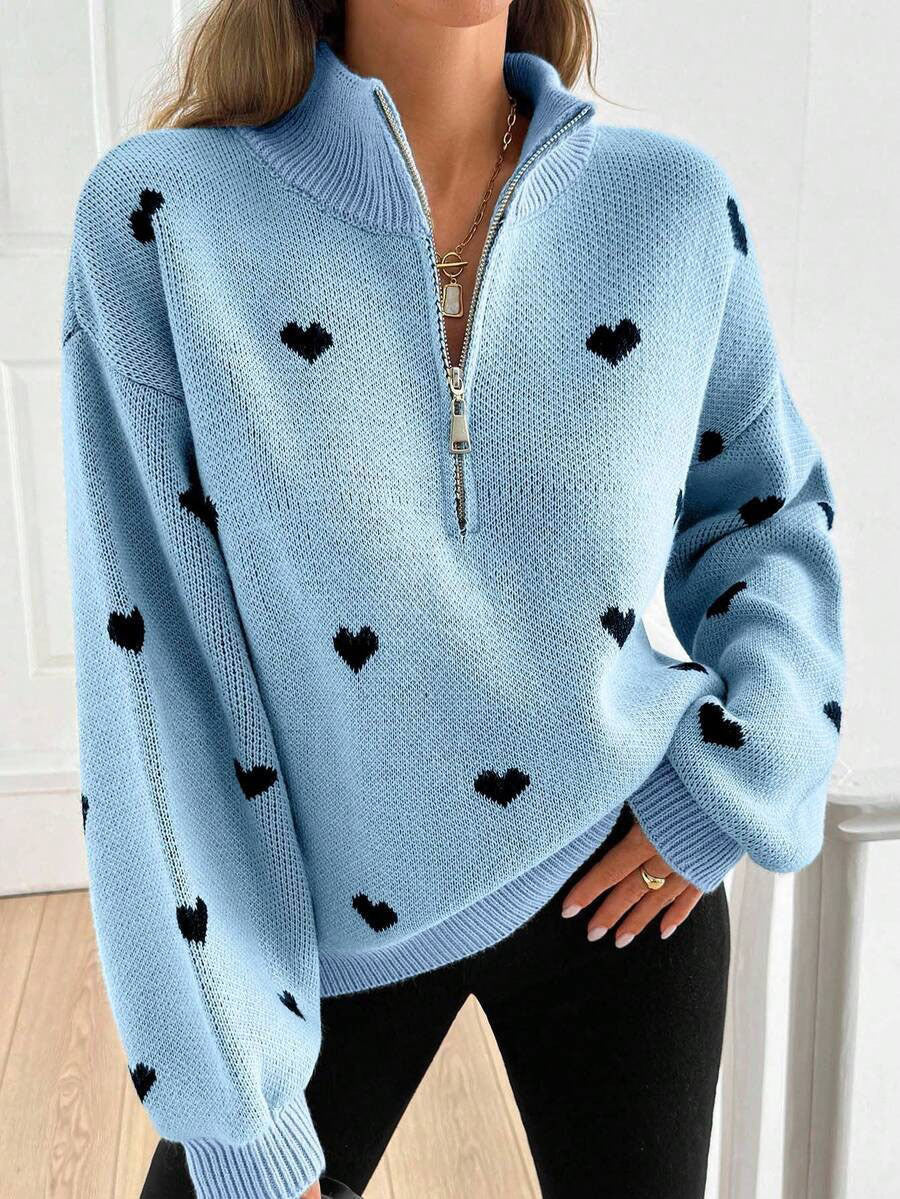 Signy Heart Print Quarter-Zip Sweater