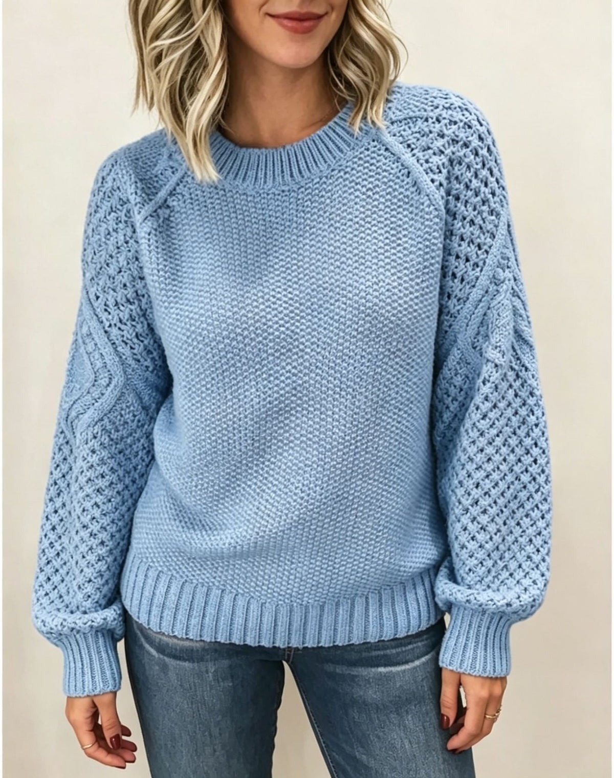 Women's Cable-Knit Sweater with Open-Knit Sleeves