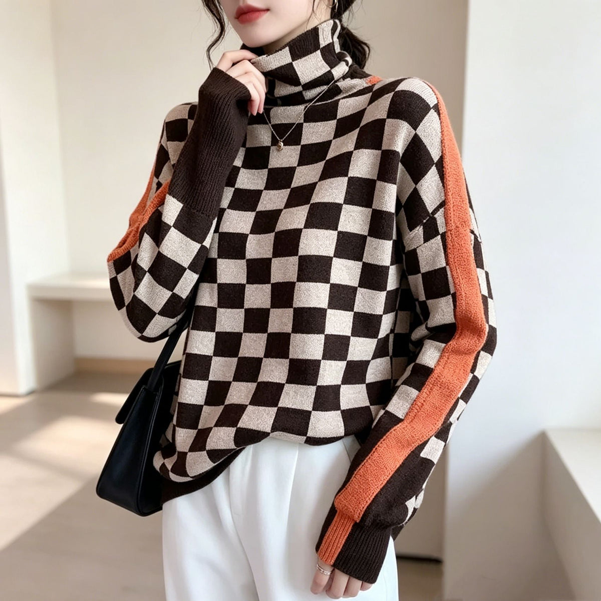 Women's Striped High Neck Pullover Sweater, Long Sleeves