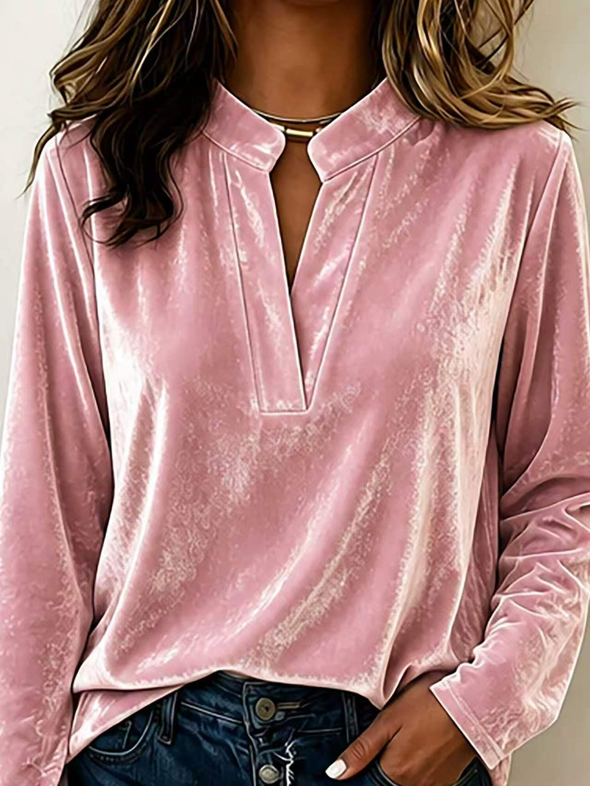 Women's Velvet Top with Stand Collar and Deep V Opening | Long Sleeves, Loose Cut | Sizes S to 3XL