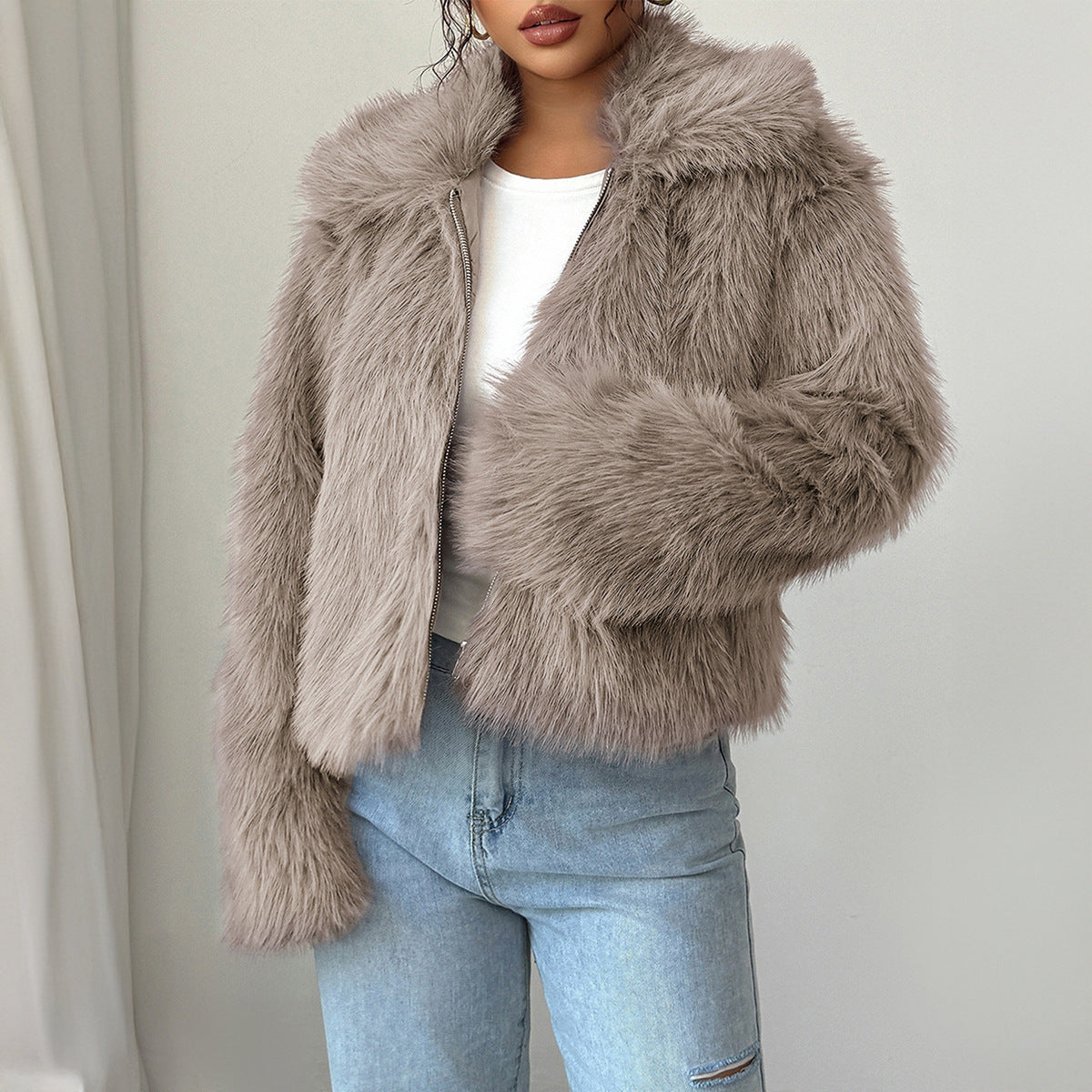 Women's Faux Fur Cropped Jacket with Stand Collar