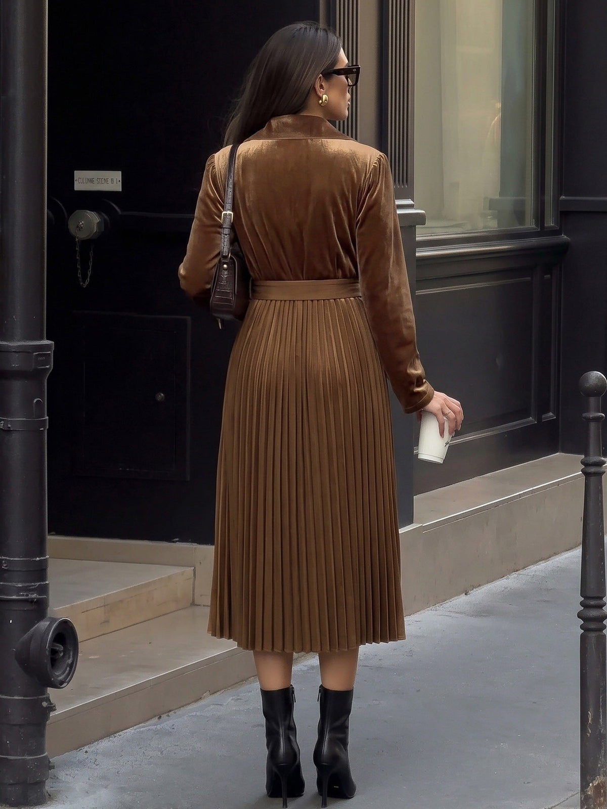 Ariadne Velvet Pleated Belted Midi Dress