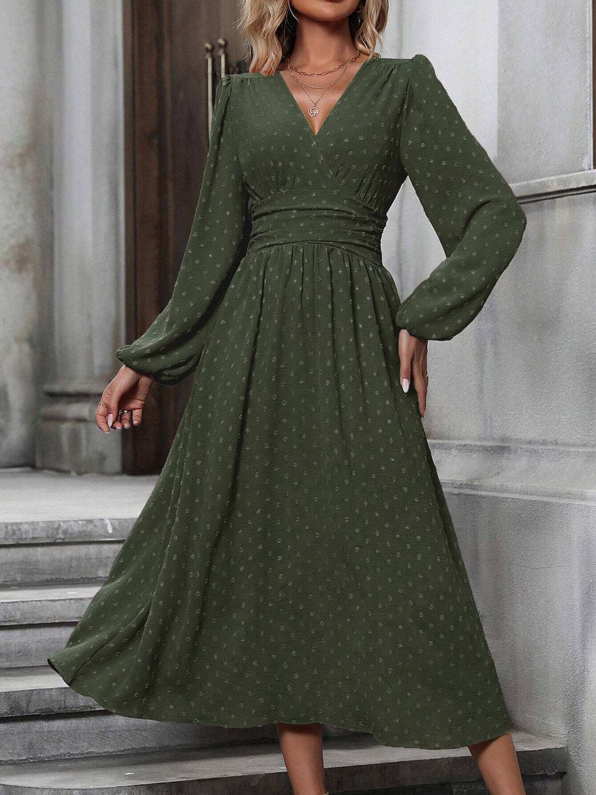 Fedora Swiss Dot Lantern Sleeve Midi Dress