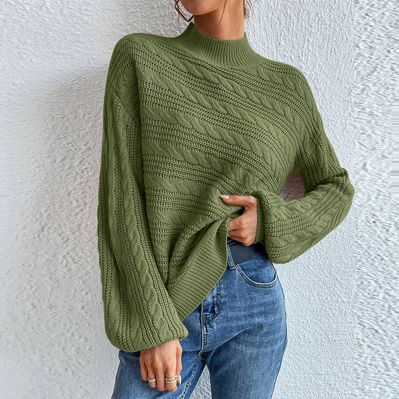Women's Cable Knit Mock Neck Sweater Relaxed Fit