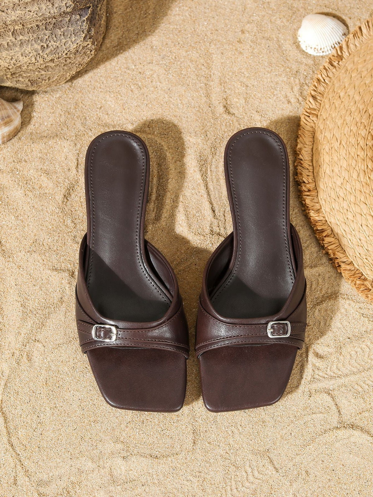 Nuria Square-Toe Buckle Block Heel Mules