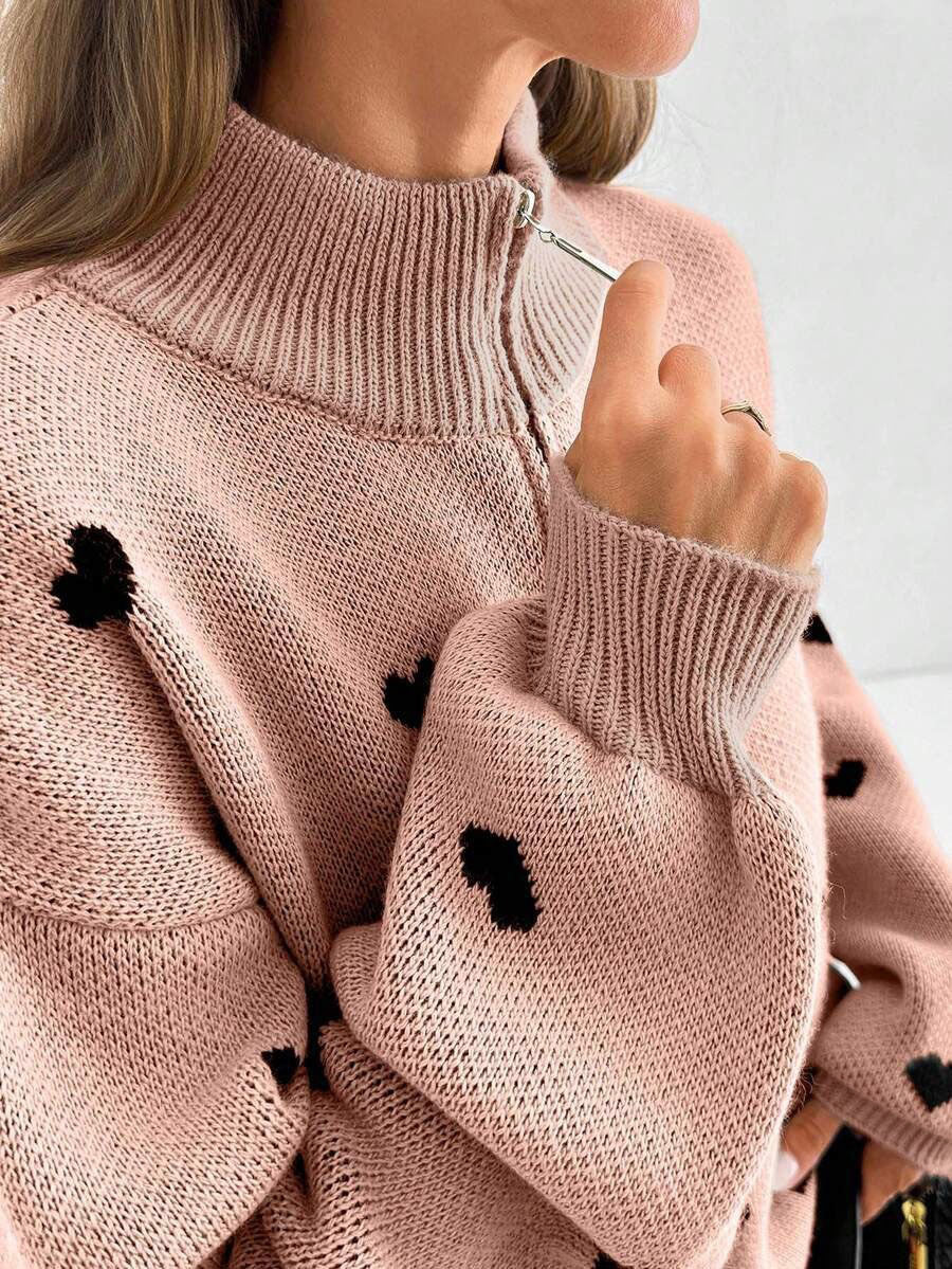 Signy Heart Print Quarter-Zip Sweater