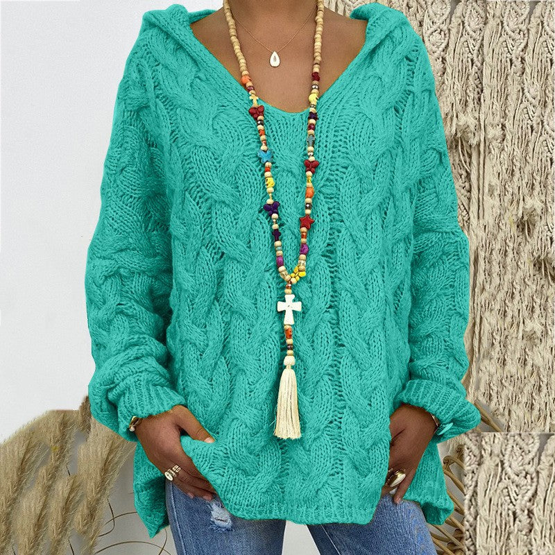 Women's Oversized Cable Knit Hooded Sweater V-Neck