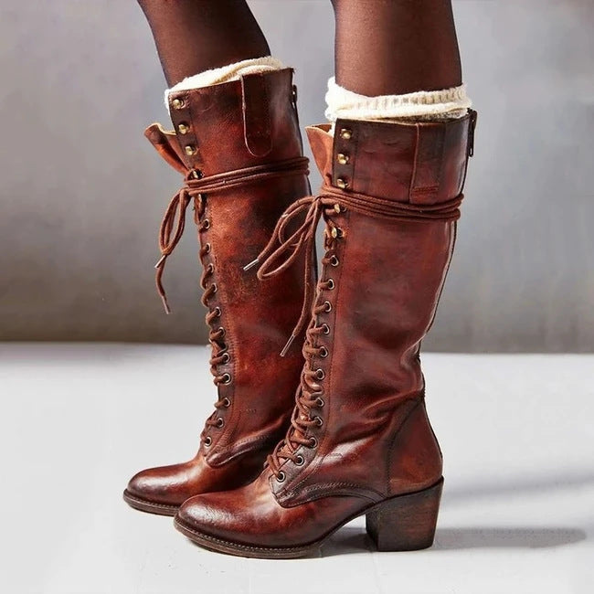 Women's Knee-High Lace-Up Boots, Block Heel, Side Zip