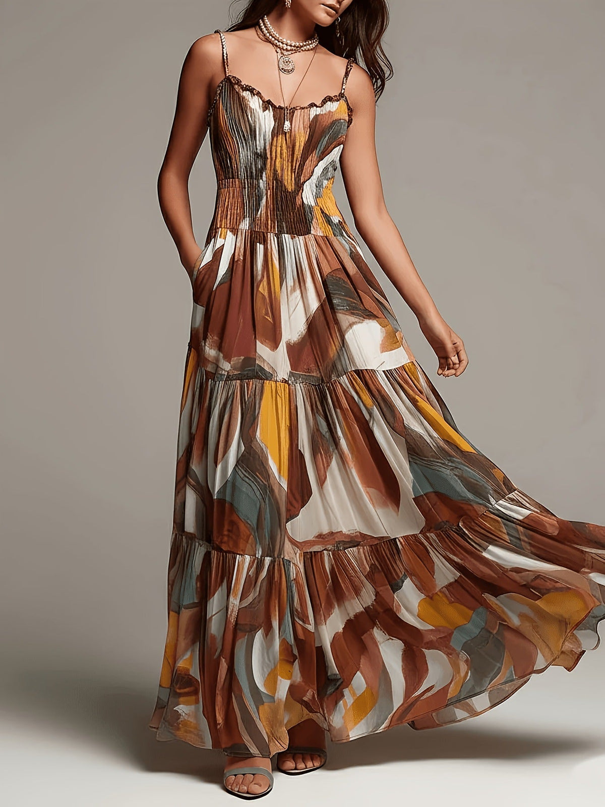 Ruffle Maxi Dress | Abstract Pattern & Shirred Bust
