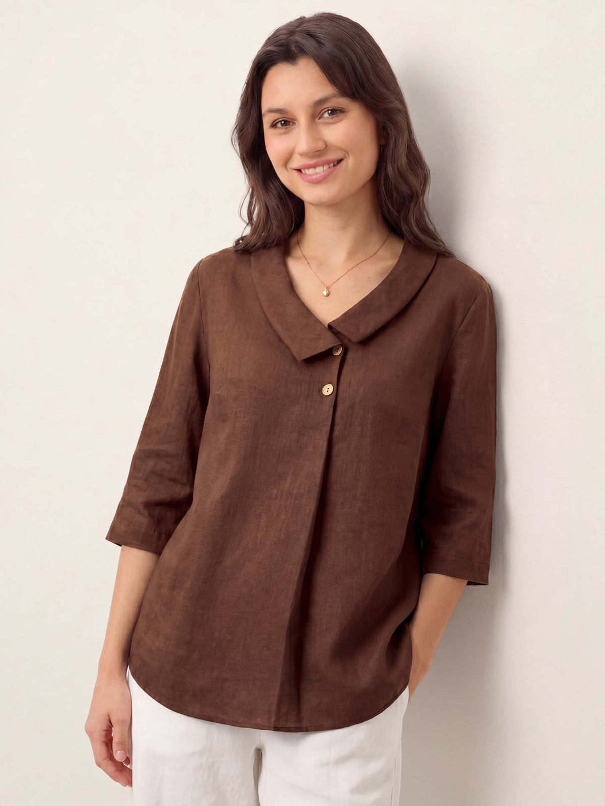 Bettina Draped-Collar Linen Tunic Blouse