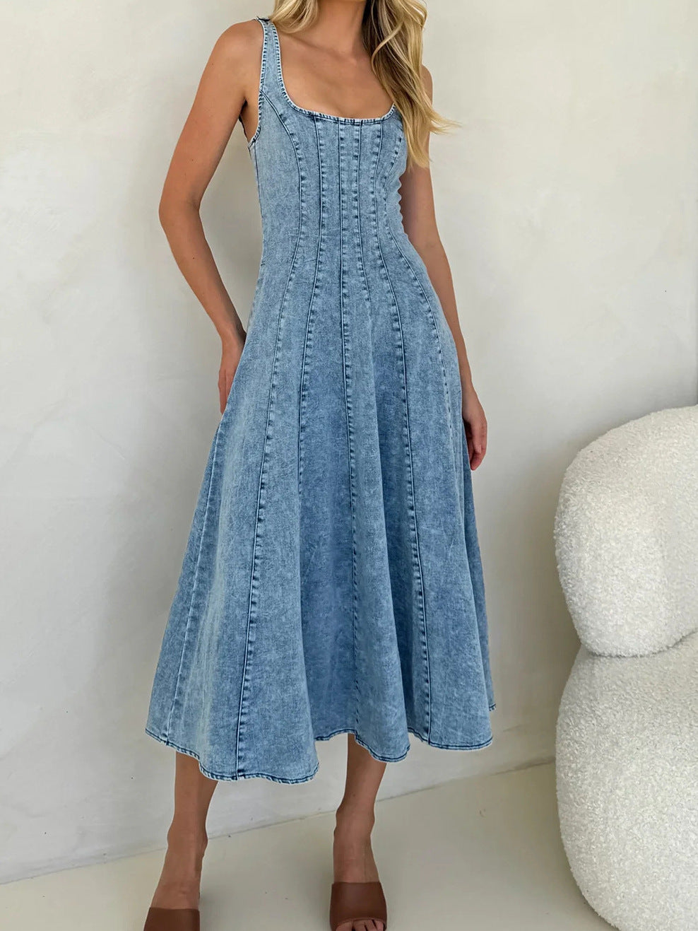 Portia Square Neck Denim Maxi Dress