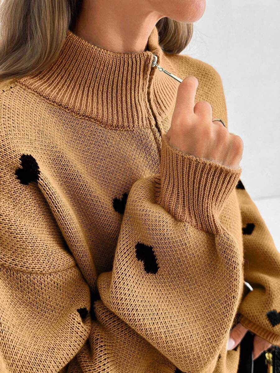 Signy Heart Print Quarter-Zip Sweater