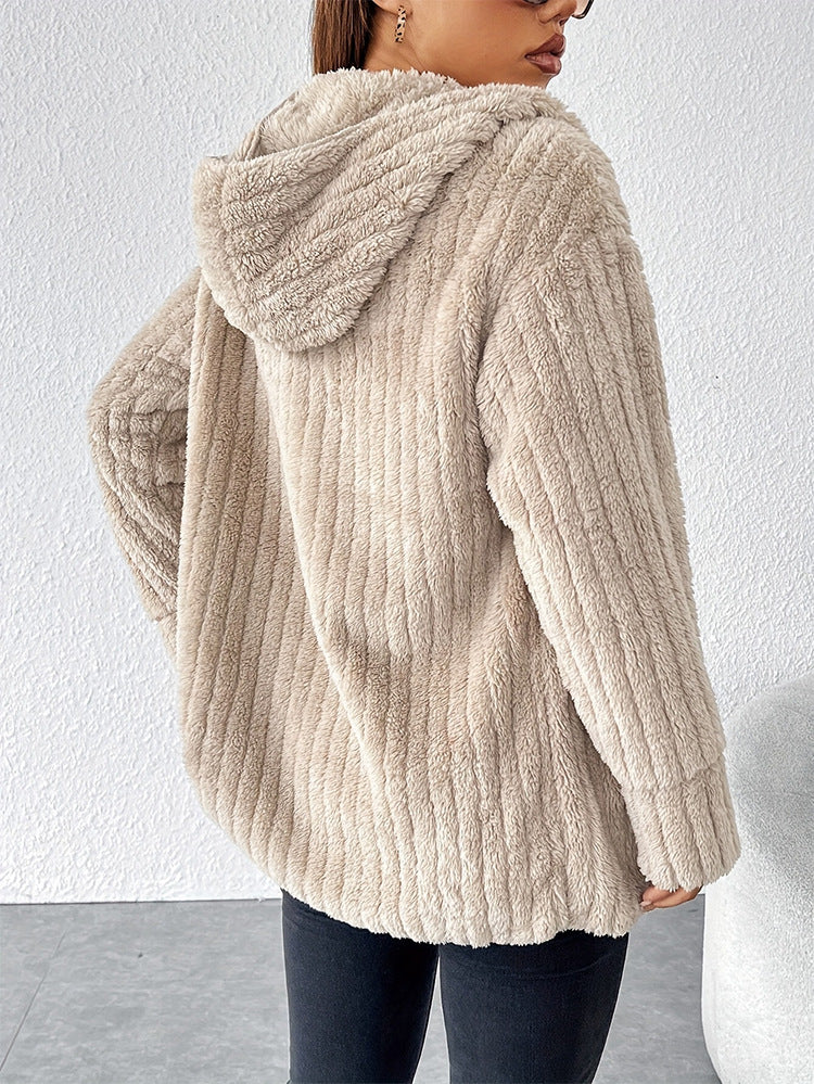 Marzia Hooded Ribbed Plush Fleece Jacket