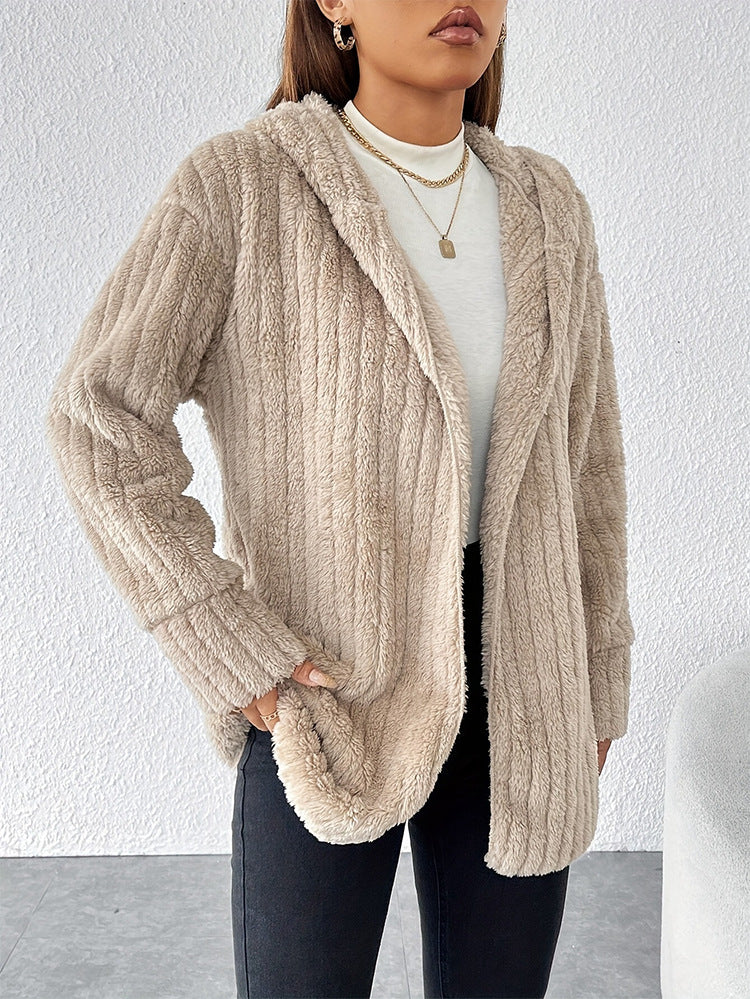 Marzia Hooded Ribbed Plush Fleece Jacket