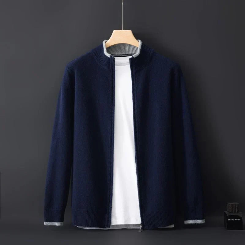 Unisex Knit Zip-Front Bomber Cardigan, Ribbed Collar
