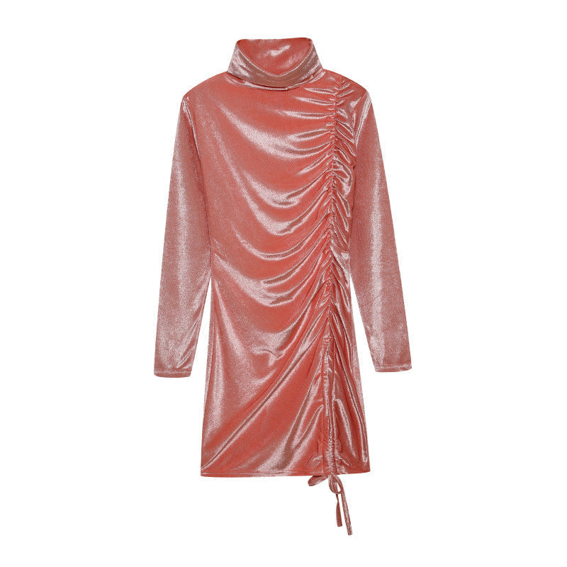 Women's Ruched Turtleneck Mini Dress Long Sleeve