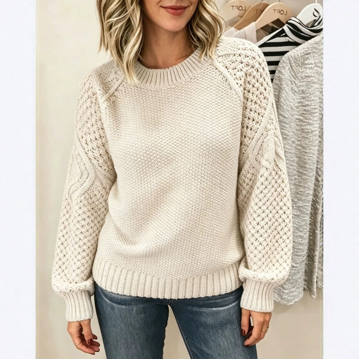 Women's Cable-Knit Sweater with Open-Knit Sleeves