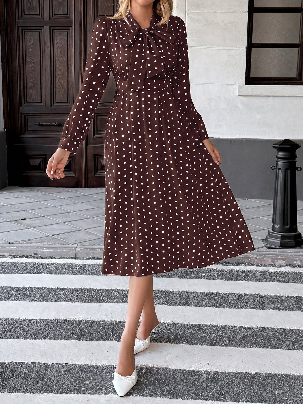 Vanja Polka Dot Tie Neck Pleated Midi Dress