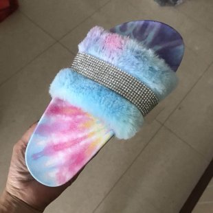 Women's Fur Slippers with a Rhinestone Trim | Fluffy Upper on a Non Slip Rubber Sole | Sizes 5.5 to 11, 8 Colors