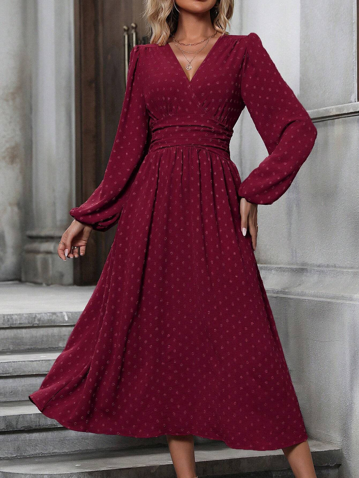 Fedora Swiss Dot Lantern Sleeve Midi Dress