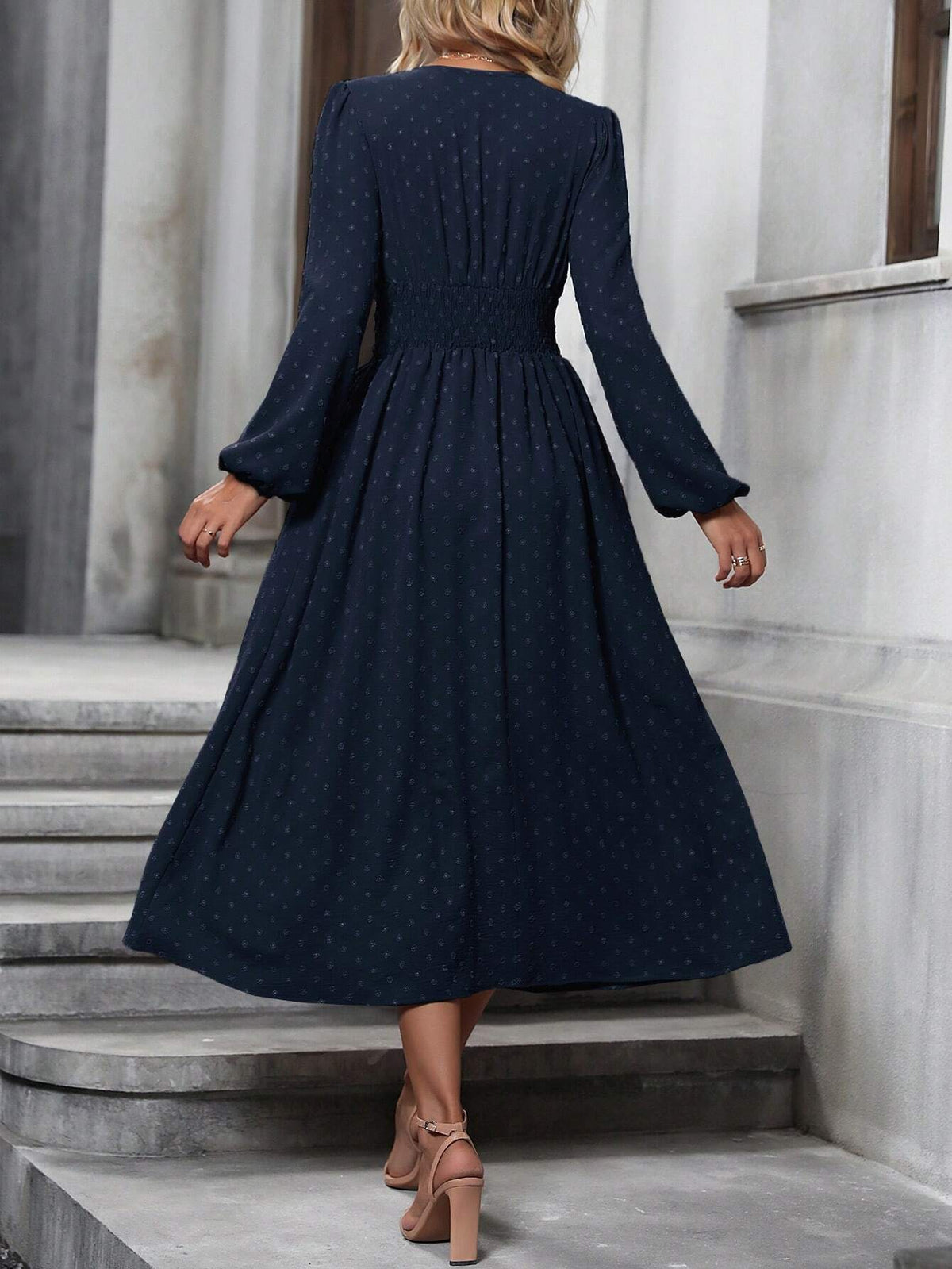 Fedora Swiss Dot Lantern Sleeve Midi Dress