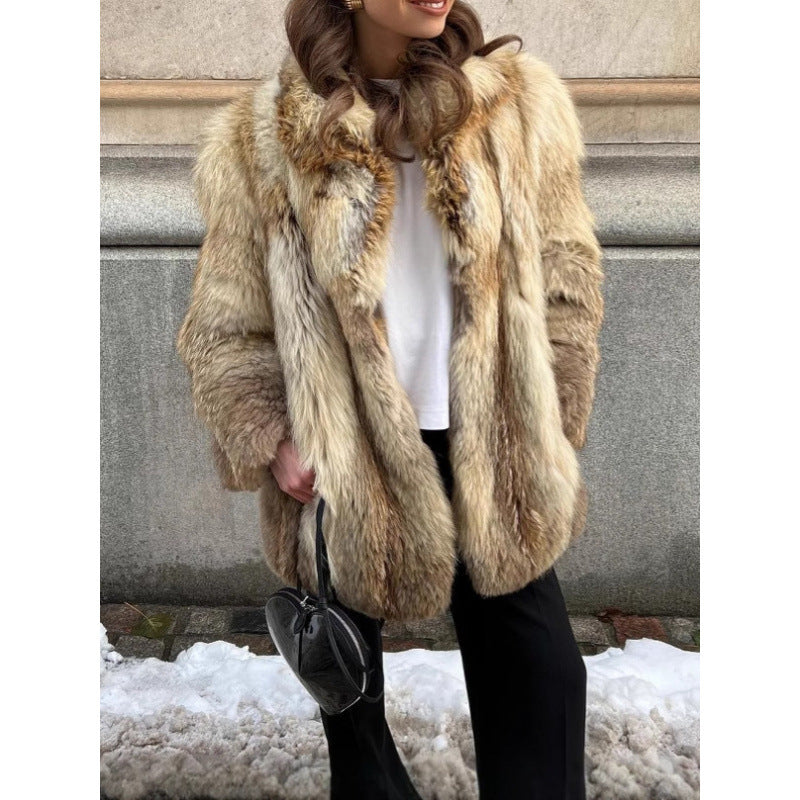 Women's Shaggy Faux Fur Coat with Stand Collar