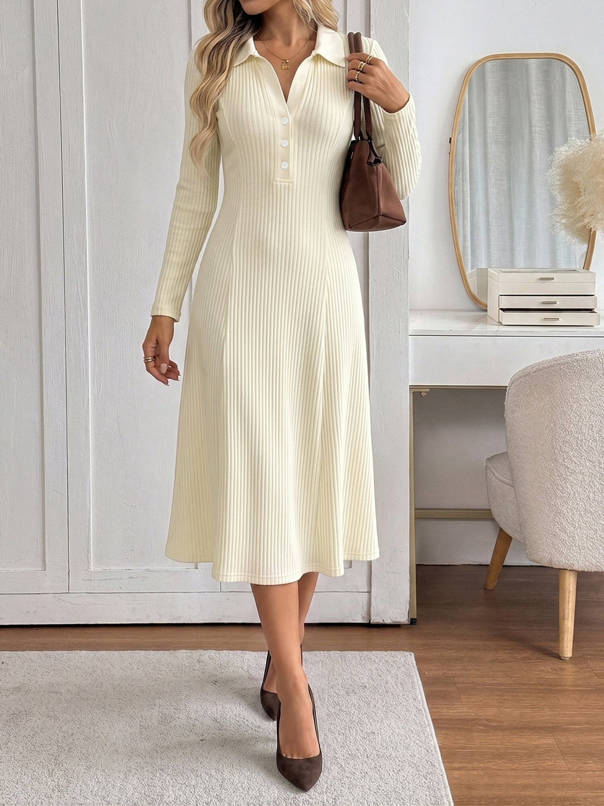 Rufina Ribbed Knit Polo Collar Midi Dress