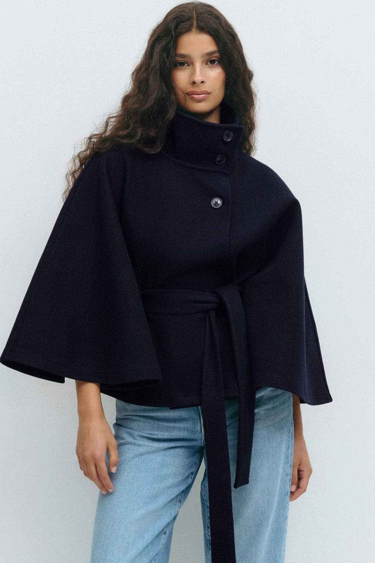 Anneke Button-Front Belted Cape Coat