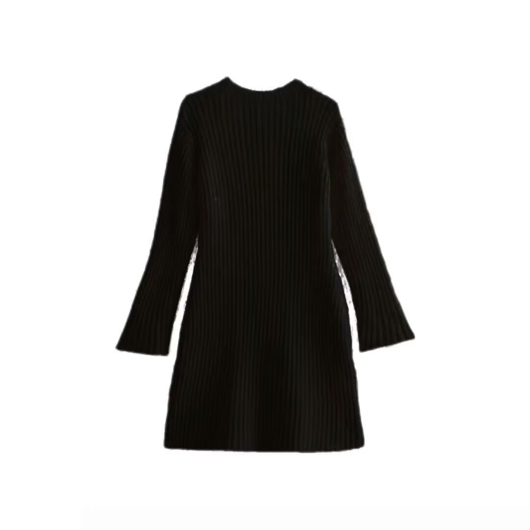 Women's Ribbed Knit Dress with Flared Cuffs | Round Neck, A Line Shape, Long Sleeves | Sizes S-L, 4 Colors