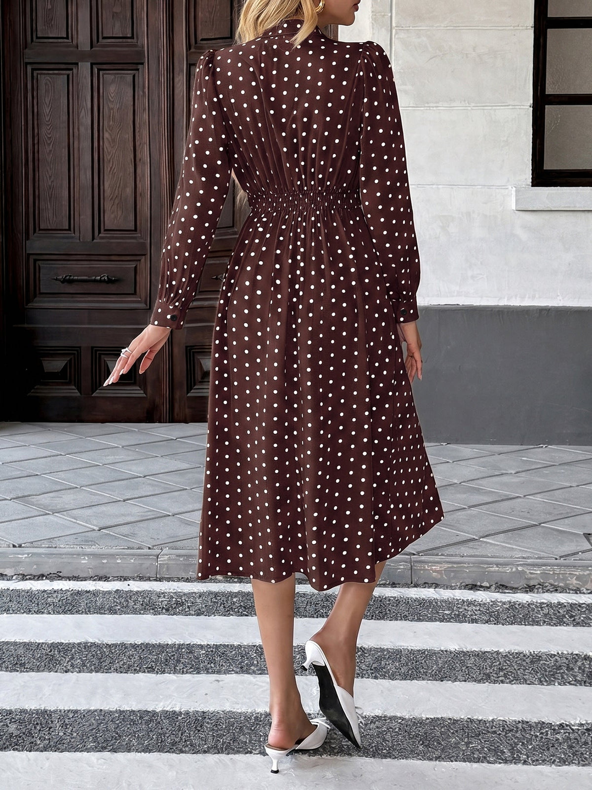 Vanja Polka Dot Tie Neck Pleated Midi Dress