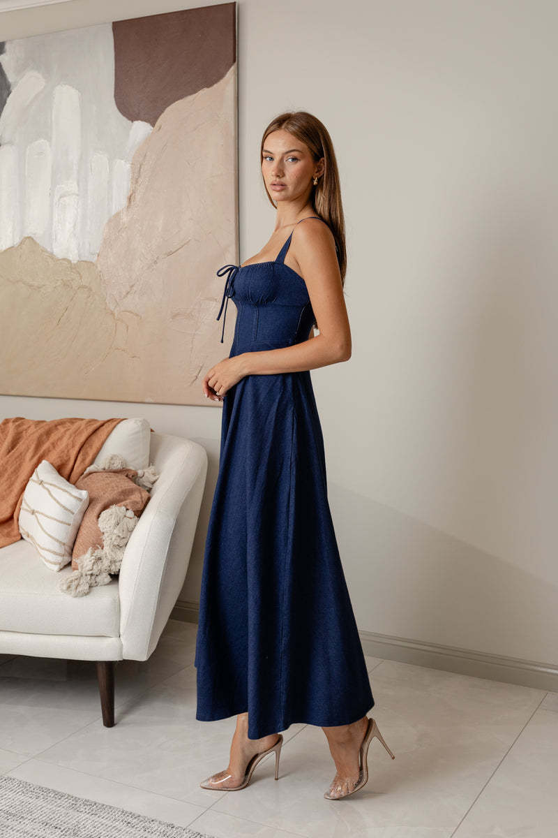Zaira Corset-Bodice Denim Midi Dress