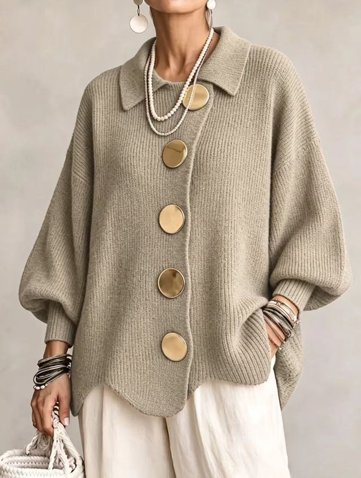 Women's Oversized Ribbed Cardigan, Collared Neck, Button Front