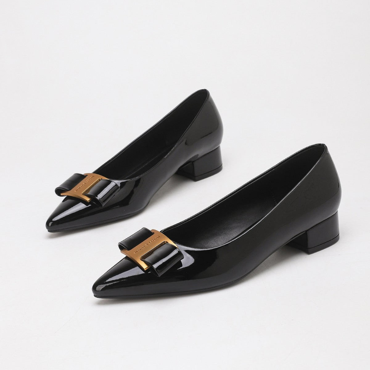 Isaure Patent Bow Buckle Low Block Heel Pumps