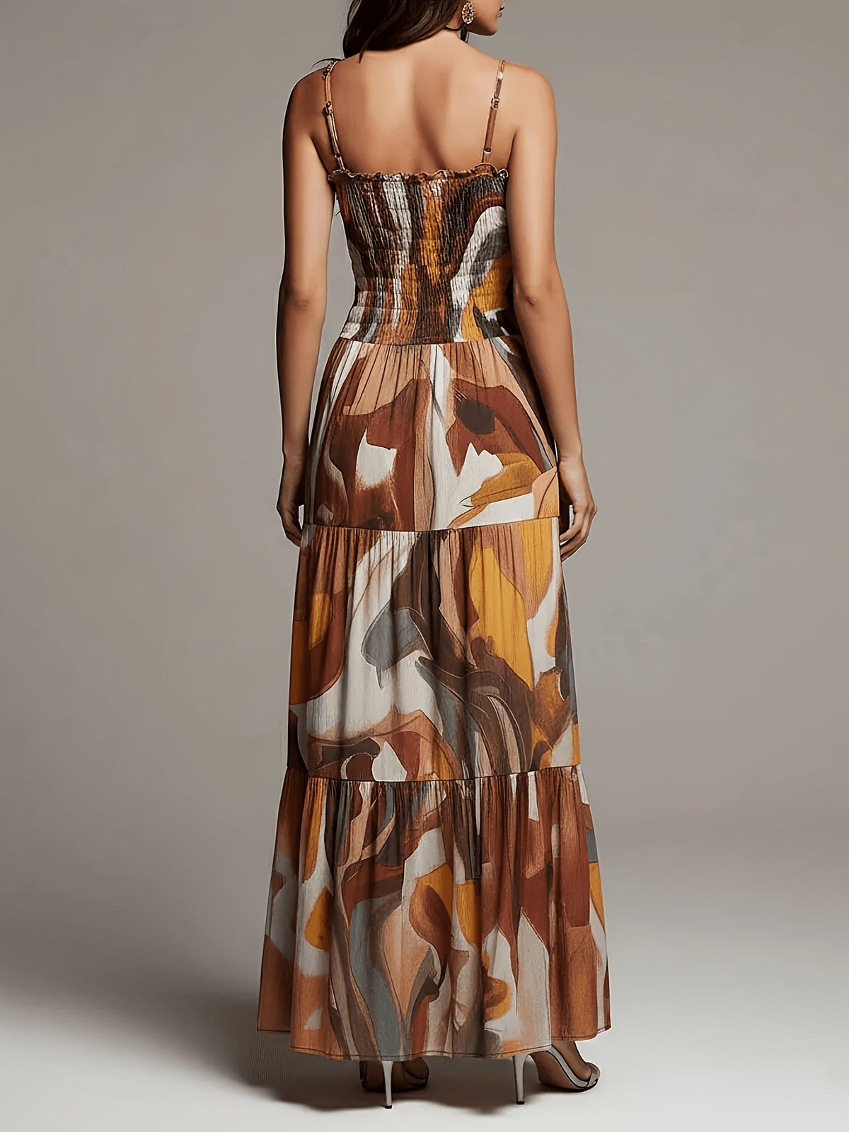 Ruffle Maxi Dress | Abstract Pattern & Shirred Bust