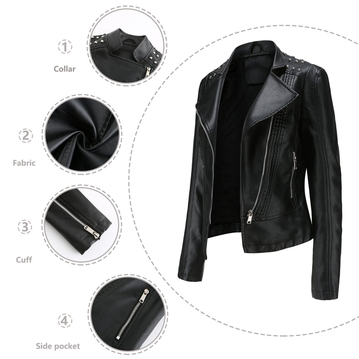 Women's Asymmetric Zip Moto Jacket with Stud Shoulder Detail
