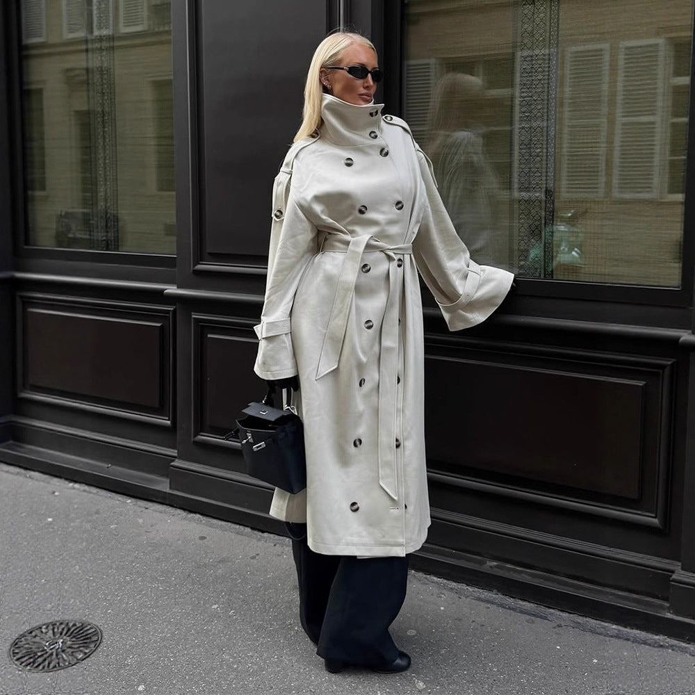 Women's Belted Trench Coat with High Collar